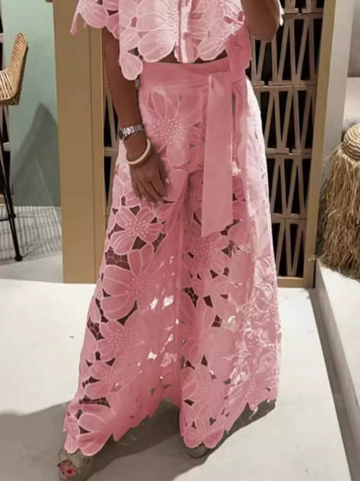 Elegant Floral Lace Wide-Leg Pants with Delicate Embroidered Detailing