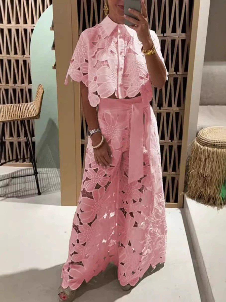 Elegant Floral Lace Wide-Leg Pants with Delicate Embroidered Detailing