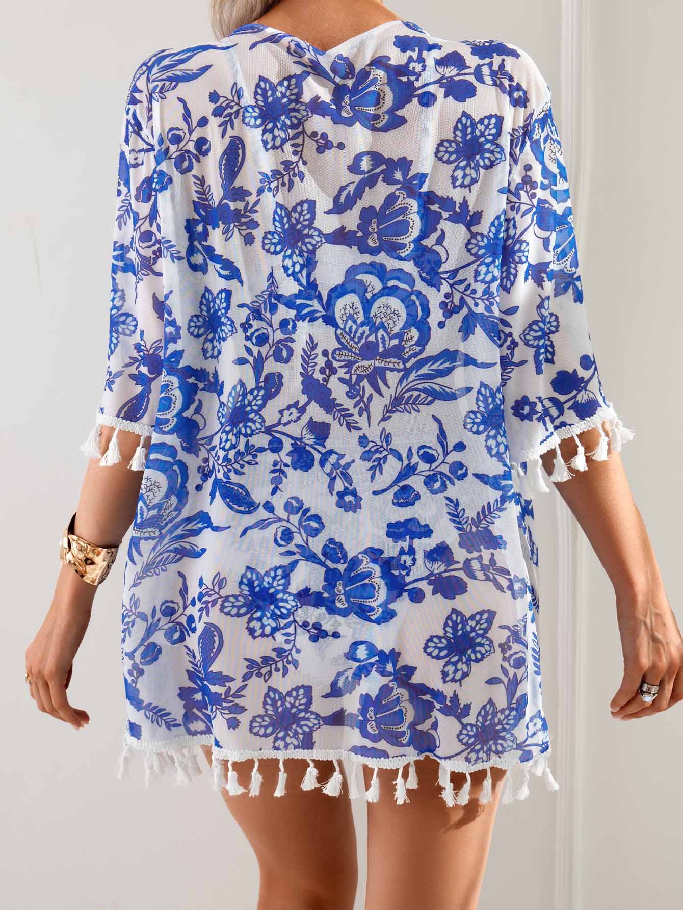 Blue and White Porcelain Print Three-Piece High Waist Swimsuit with Cover-Up
