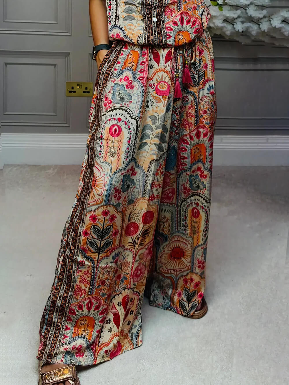 Bohemian Print Wide-Leg Pants with Tassel Accents and Elastic Waist