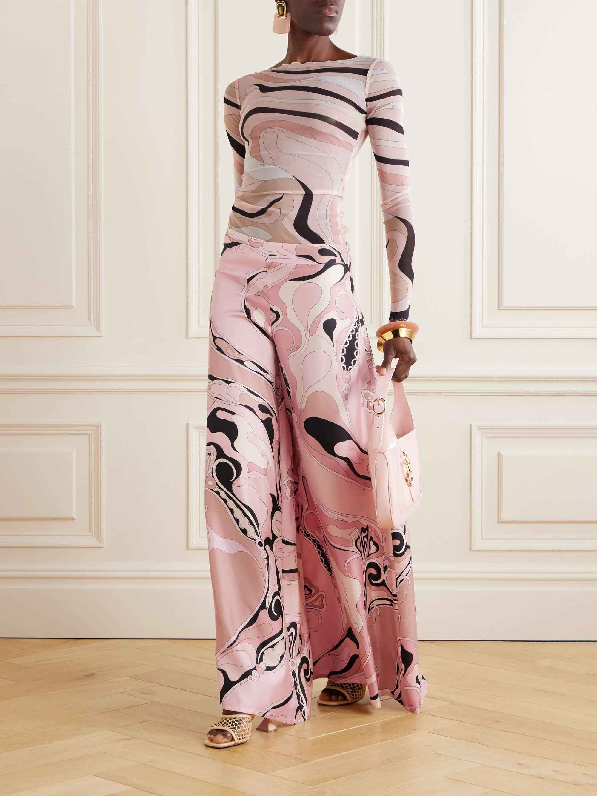 Pink Vintage-Inspired Abstract Floral Wide-Leg Pants