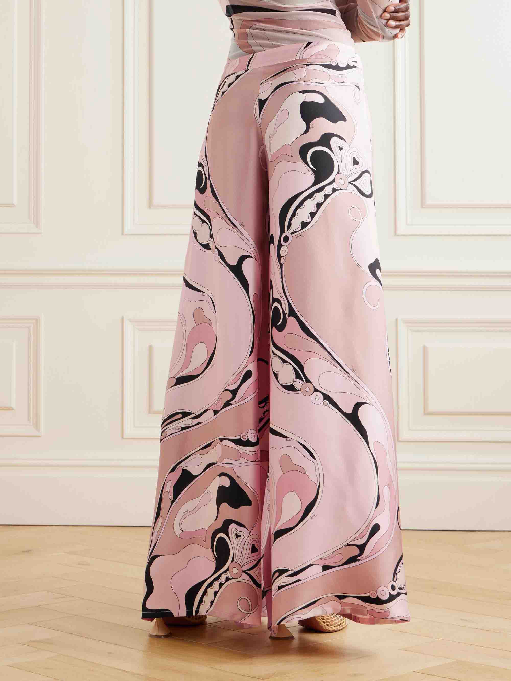 Pink Vintage-Inspired Abstract Floral Wide-Leg Pants